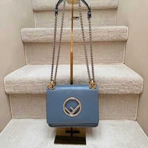 Fendi Ceruleo Vitello Leather Kan I logo bag